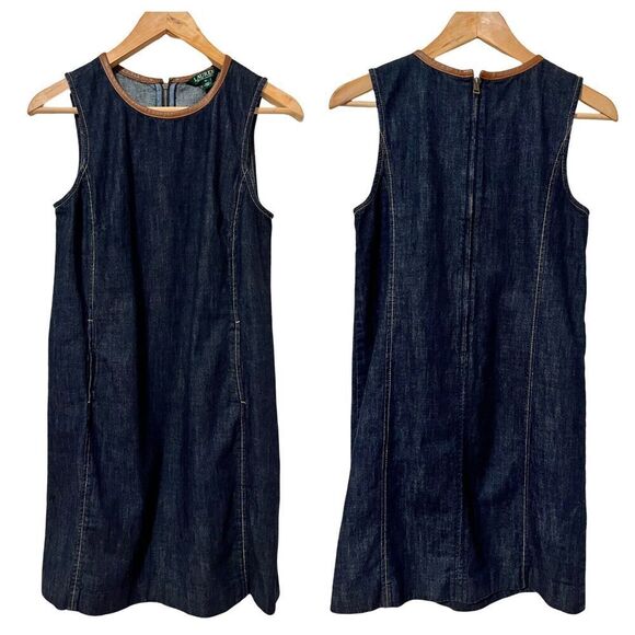 Lauren Ralph Lauren Denim Leather Trim Mini Dress Size 6 Petite Blue Sleeveless - Picture 1 of 6